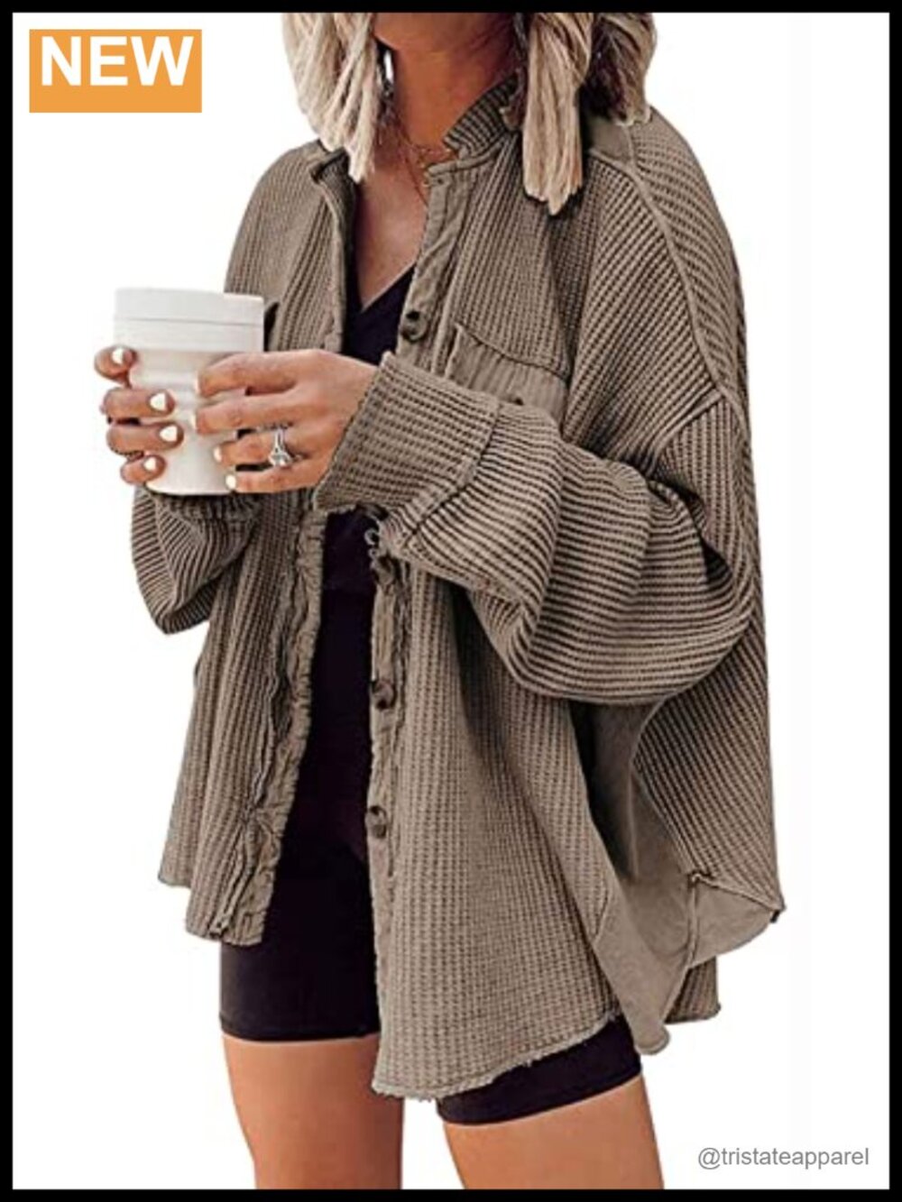 Oversized Waffle Knit Button Down Shacket Long Sleeve Casual Cardigan Tunic